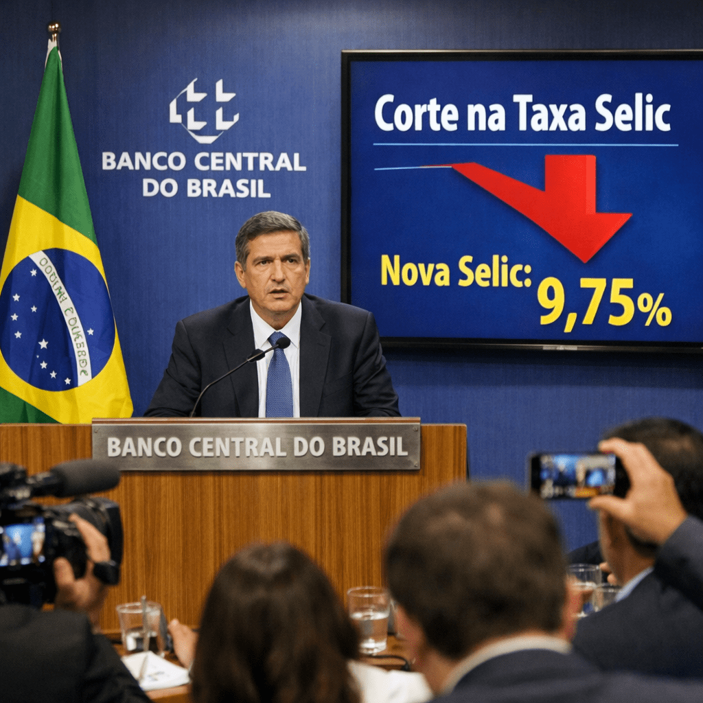 Senior official announcing new Selic interest rate of 9.75% at Banco Central do Brasil